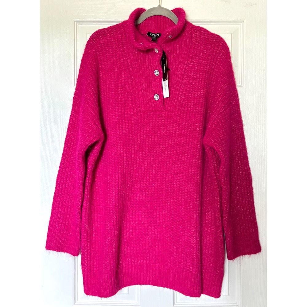 NWT Express Hot Pink Fuzzy Knit Rhinestone Button Mock Neck Tunic Sweater Large